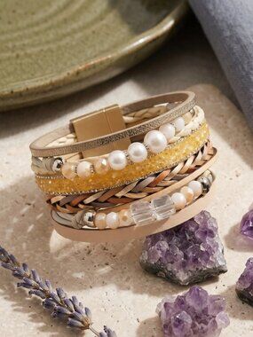Layered Vegan Leather Bracelet Boho Chic Faux Pearl Magnetic Stack Beige 7.5in
